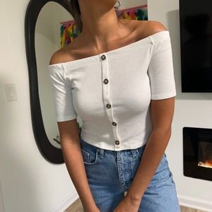 White crop top off-the-shoulder